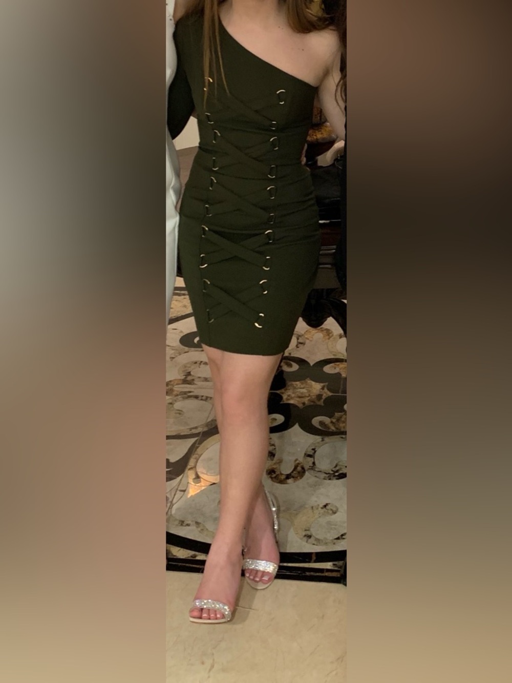 Size XS One-Shoulder Olive Green Lace-Up Dress Lumier by Bariano. Worn once.